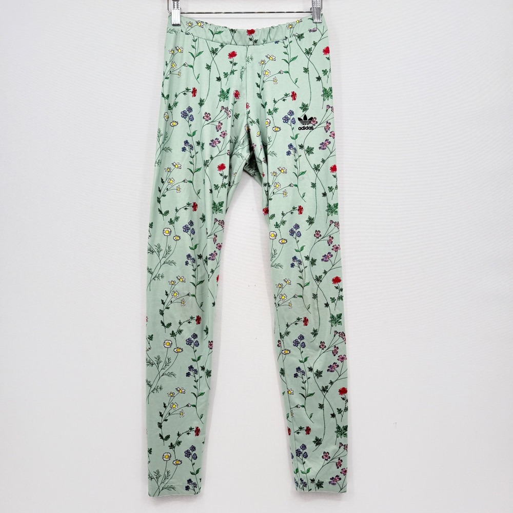 Adidas Floral Leggings Womens Small Mint Green Wildflower Trefoil Cottagecore